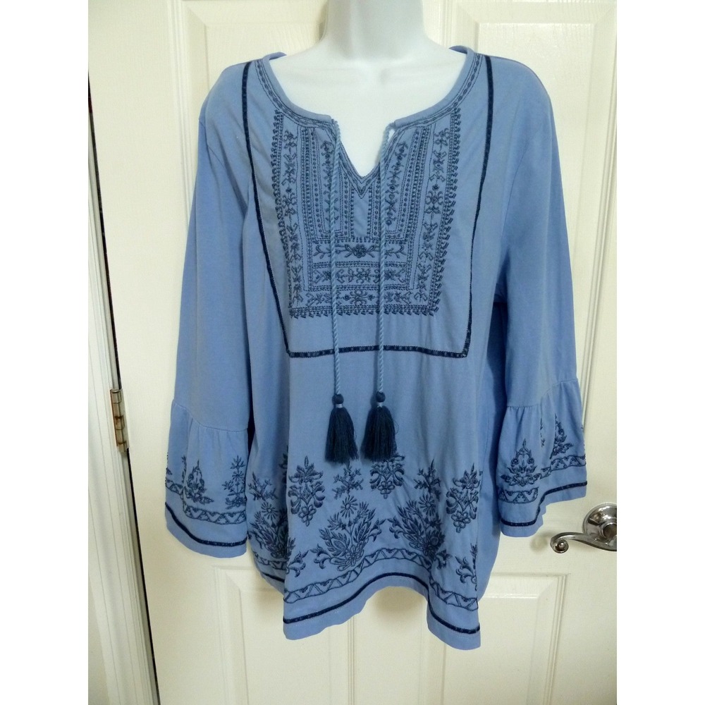 Chico's Size 2 Large Blue Boho Embroidered Beaded Tassel Top Flared Sleeve